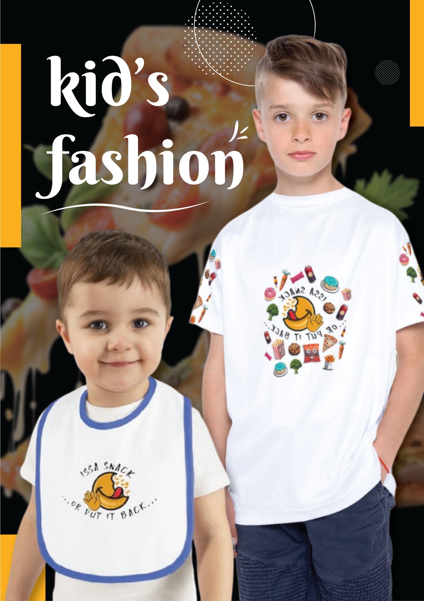 Smiling boy wearing white bib with blue trim and snack emoji graphic, plain background