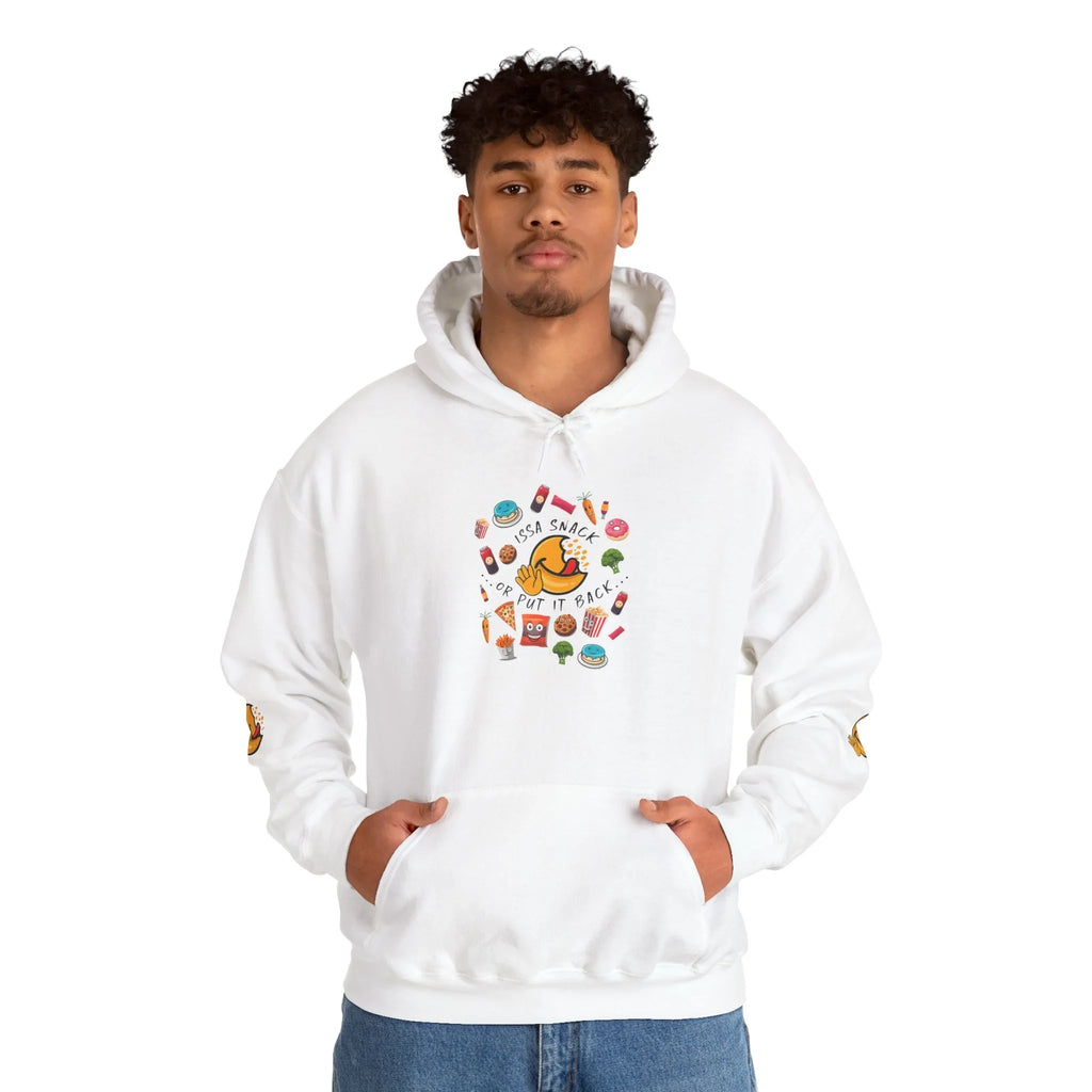 Man wearing white hoodie with colorful snack graphics and 'Issa Snack or Put It Back' text