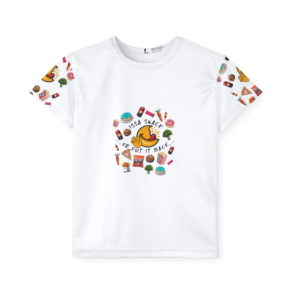 White t-shirt with colorful cartoon food graphics and 'Issa Snack or Put It Back' text design