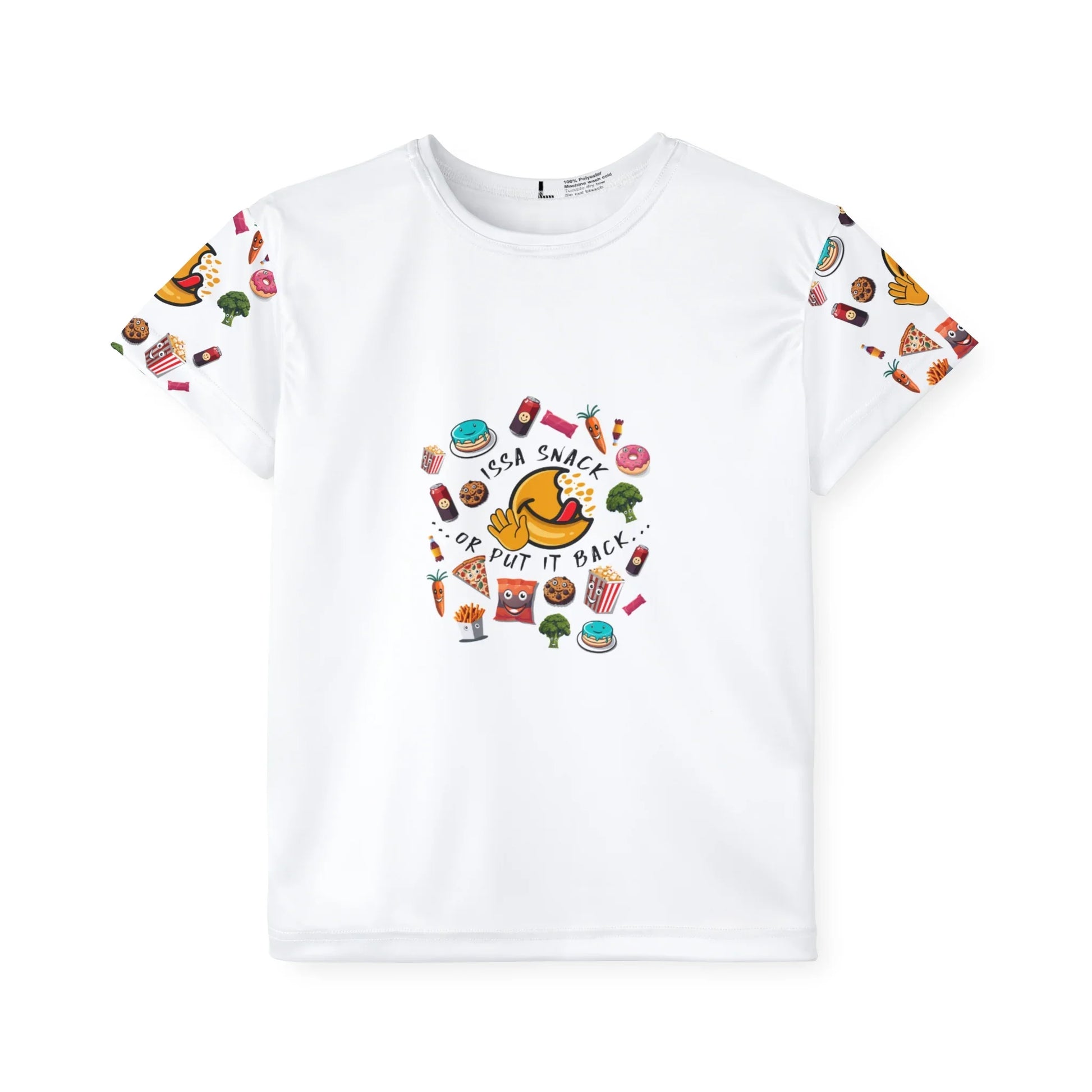 White t-shirt with colorful cartoon food graphics and 'Issa Snack or Put It Back' text design
