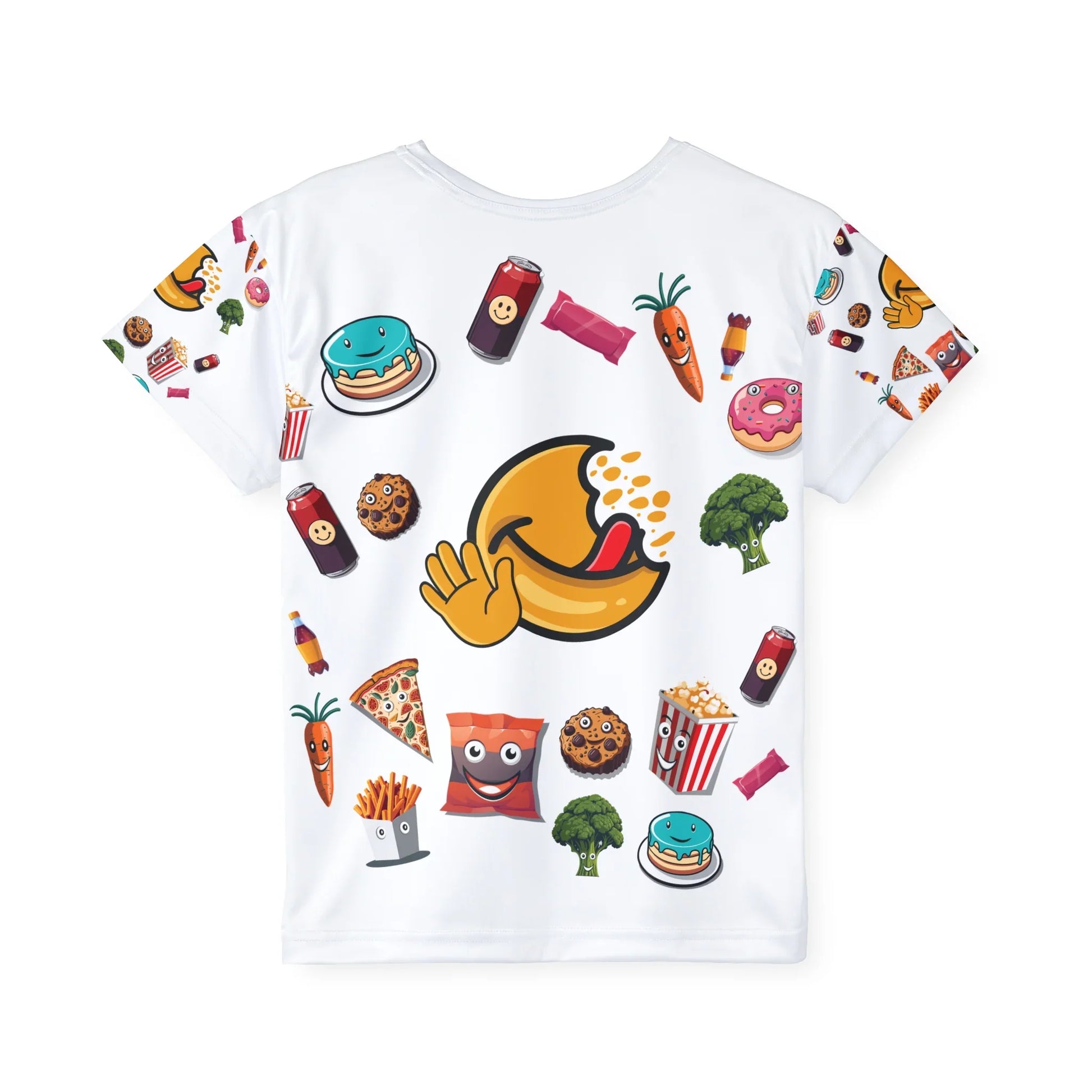 White t-shirt with colorful cartoon food graphics including pizza, fries, broccoli, and snacks