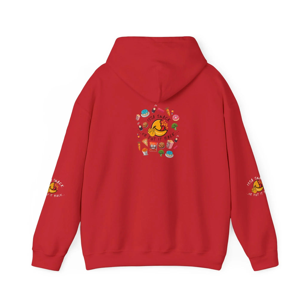 Red hoodie with colorful snack-themed graphics and 'If it's a snack or put it back' text on back and sleeves