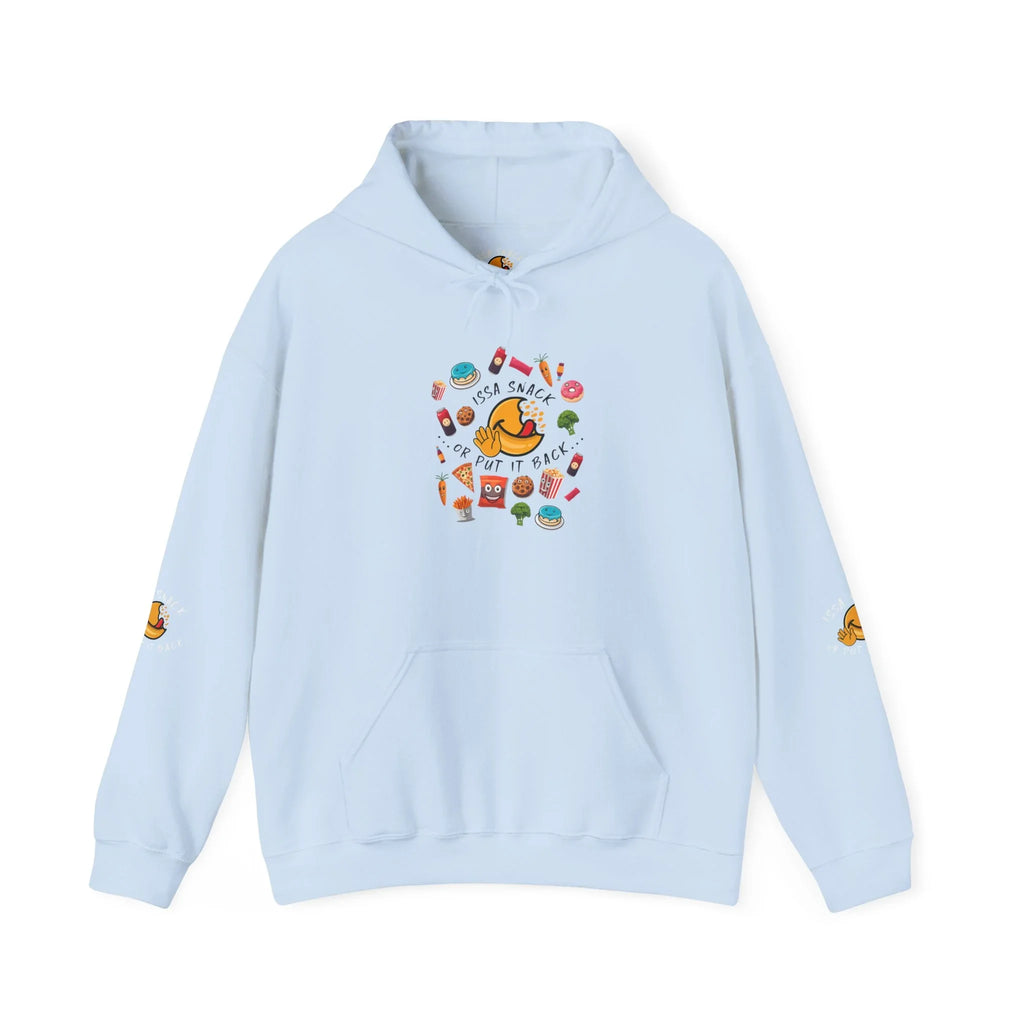 Light blue hoodie with cartoon food graphics and text 'Issa Snack or Put It Back' on front