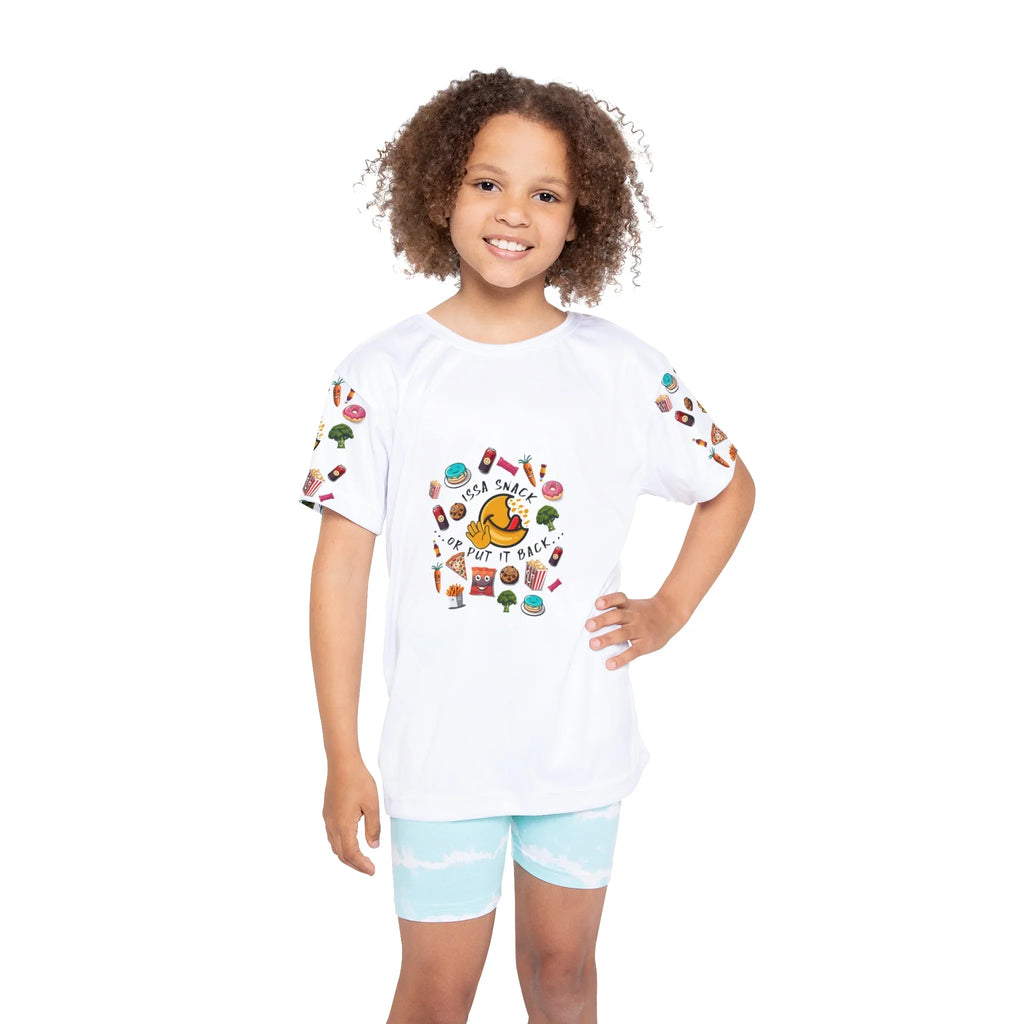Smiling girl in white food-themed t-shirt with snack graphics and light blue shorts