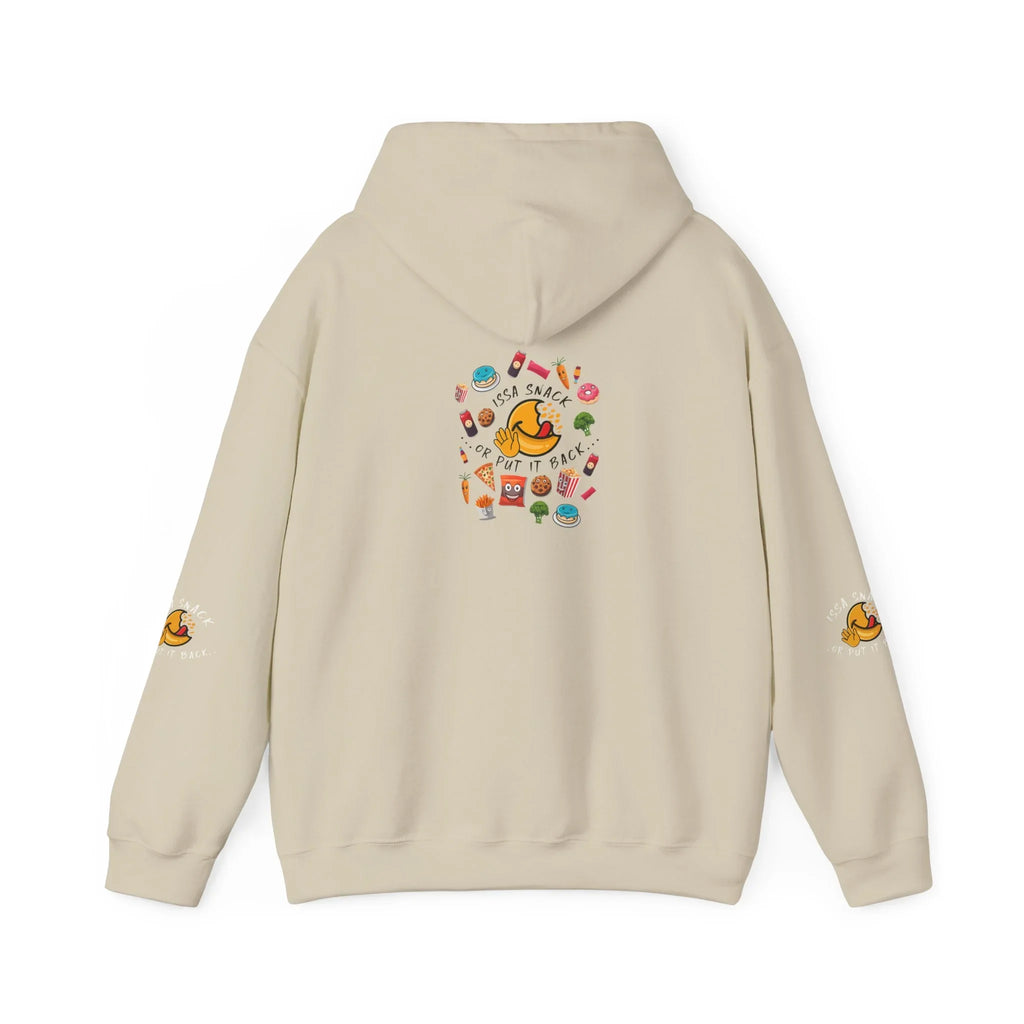 Beige hoodie with colorful cartoon food graphics and 'Issa snack or put it back' text on the back.