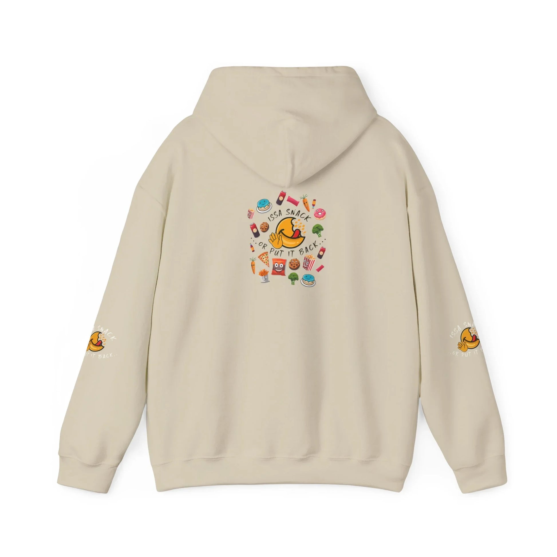 Beige hoodie with colorful cartoon food graphics and 'Issa snack or put it back' text on the back.