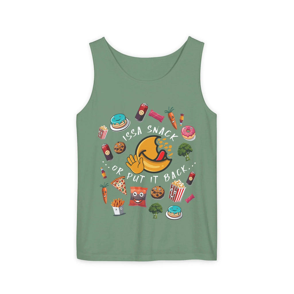 Green tank top with cartoon snacks and text 'Issa Snack or Put It Back' on the front