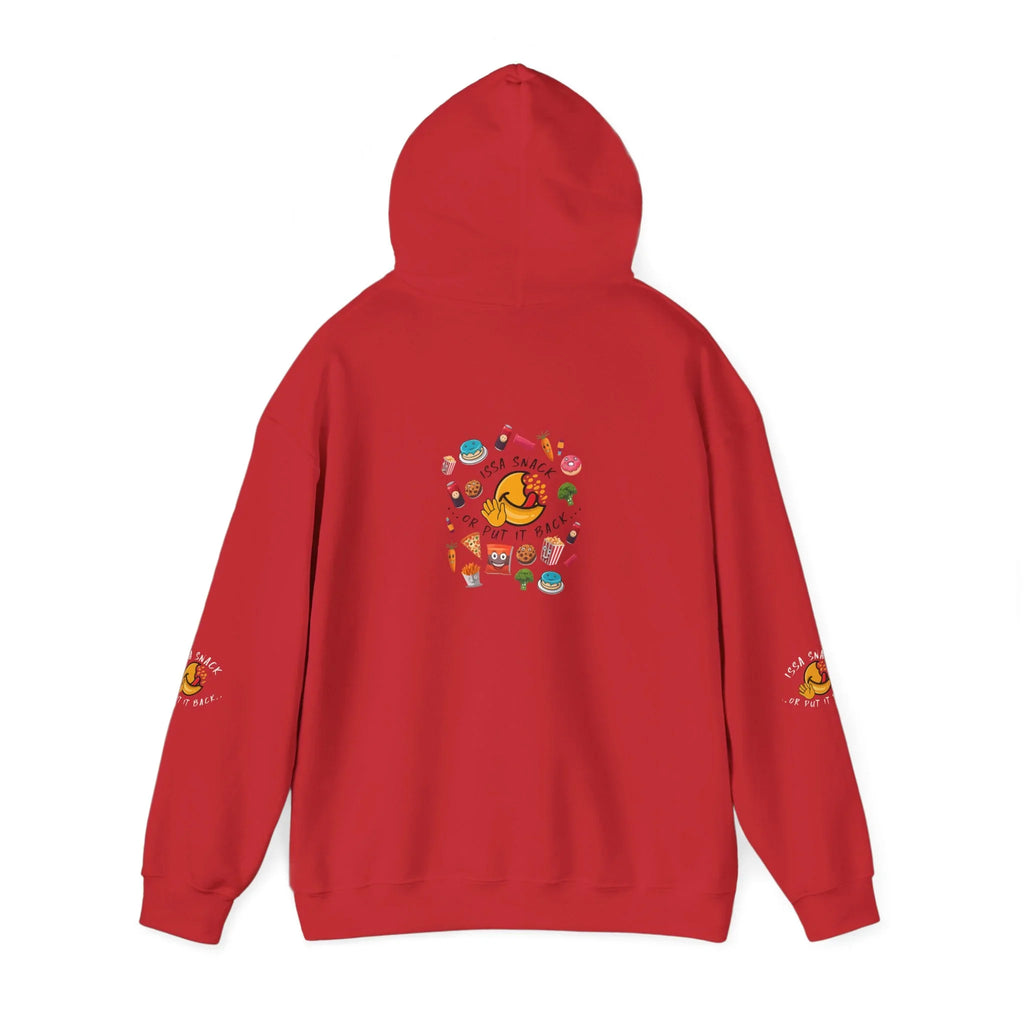 Red hoodie with playful snack graphics and 'If it's a snack or put it back' text on the back and sleeve