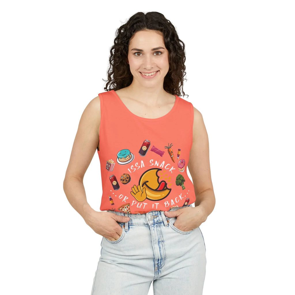 Woman wearing coral tank top with snack food graphics and 'Issa Snack or Put It Back' text