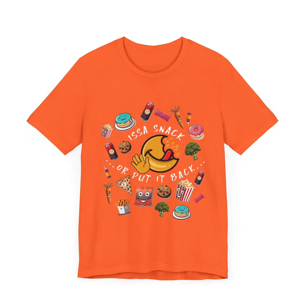 Orange t-shirt with cartoon snacks and 'Issa Snack or Put It Back' slogan design