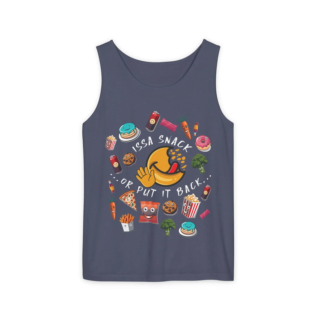Navy blue tank top with colorful snack food graphics and 'Issa Snack or Put It Back' text.