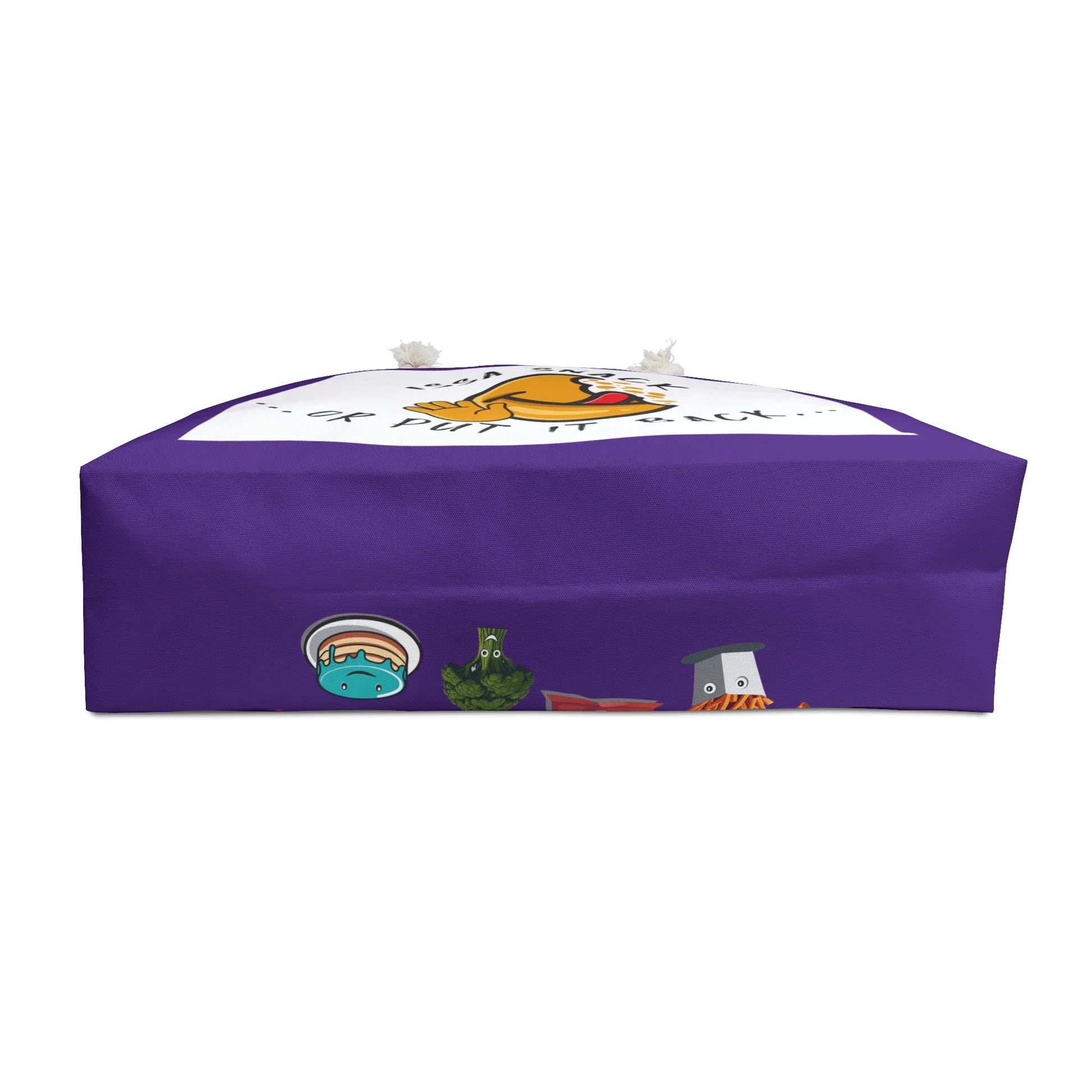 Purple fabric bag with cartoon food characters and whimsical text on top