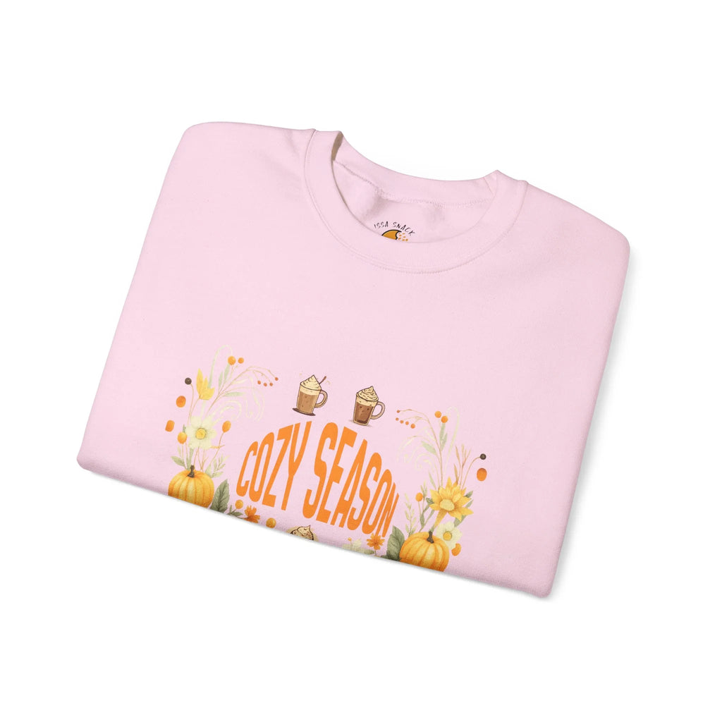 Pink sweatshirt with 'Cozy Season' fall graphic, pumpkins, flowers, and hot cocoa design