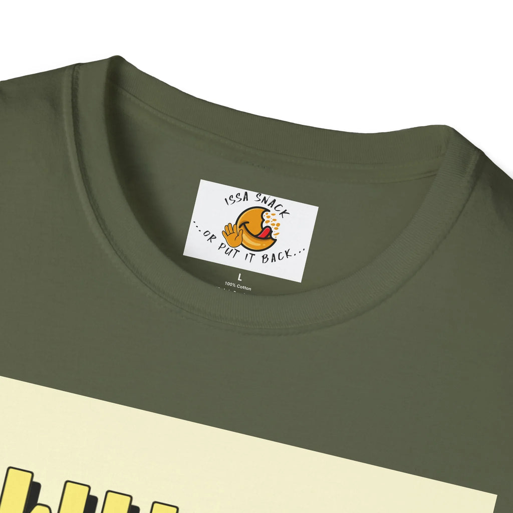 Green t-shirt collar with label featuring a cartoon snack and text 'Issa Snack Or Put It Back'.
