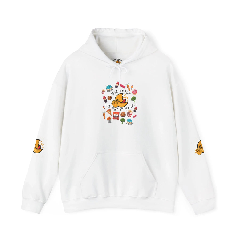 White hoodie with colorful cartoon snacks and 'Issa Snack or Put It Back' slogan on front