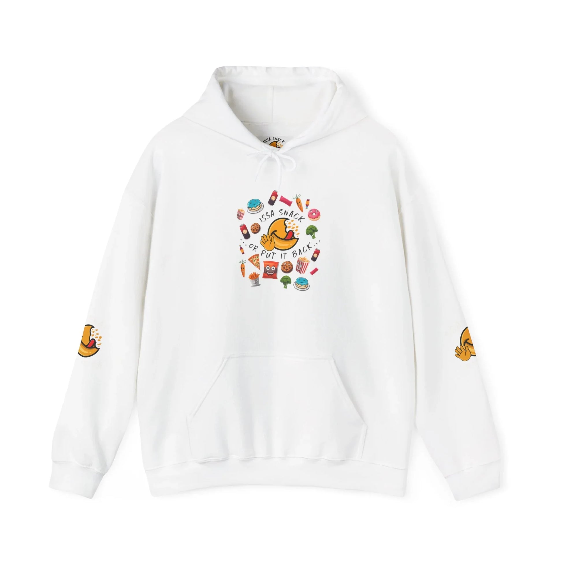 White hoodie with colorful cartoon snacks and 'Issa Snack or Put It Back' slogan on front