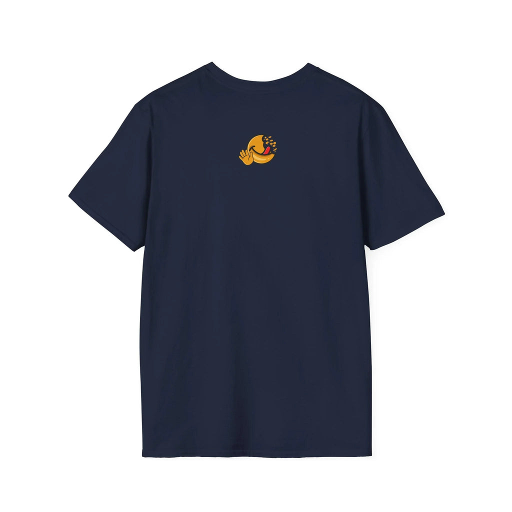 Navy blue t-shirt with a small emoji hand and taco graphic on the upper back
