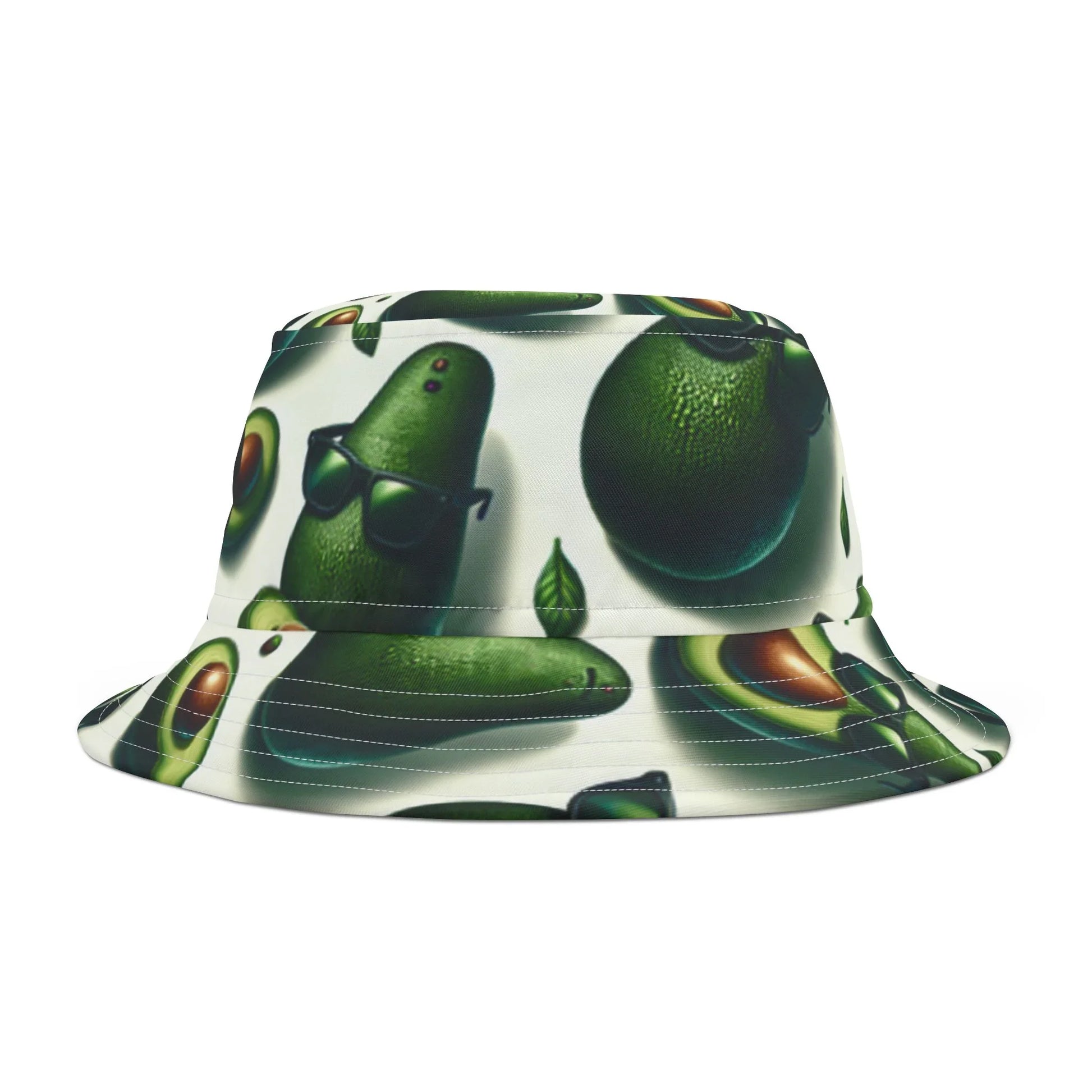 Bucket hat with cartoon avocado pattern, avocados wearing sunglasses, white background