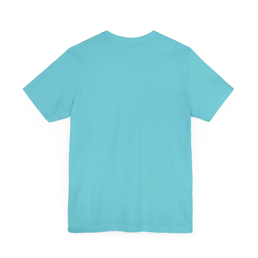 Light blue short-sleeve t-shirt, plain back, basic casual apparel on white background