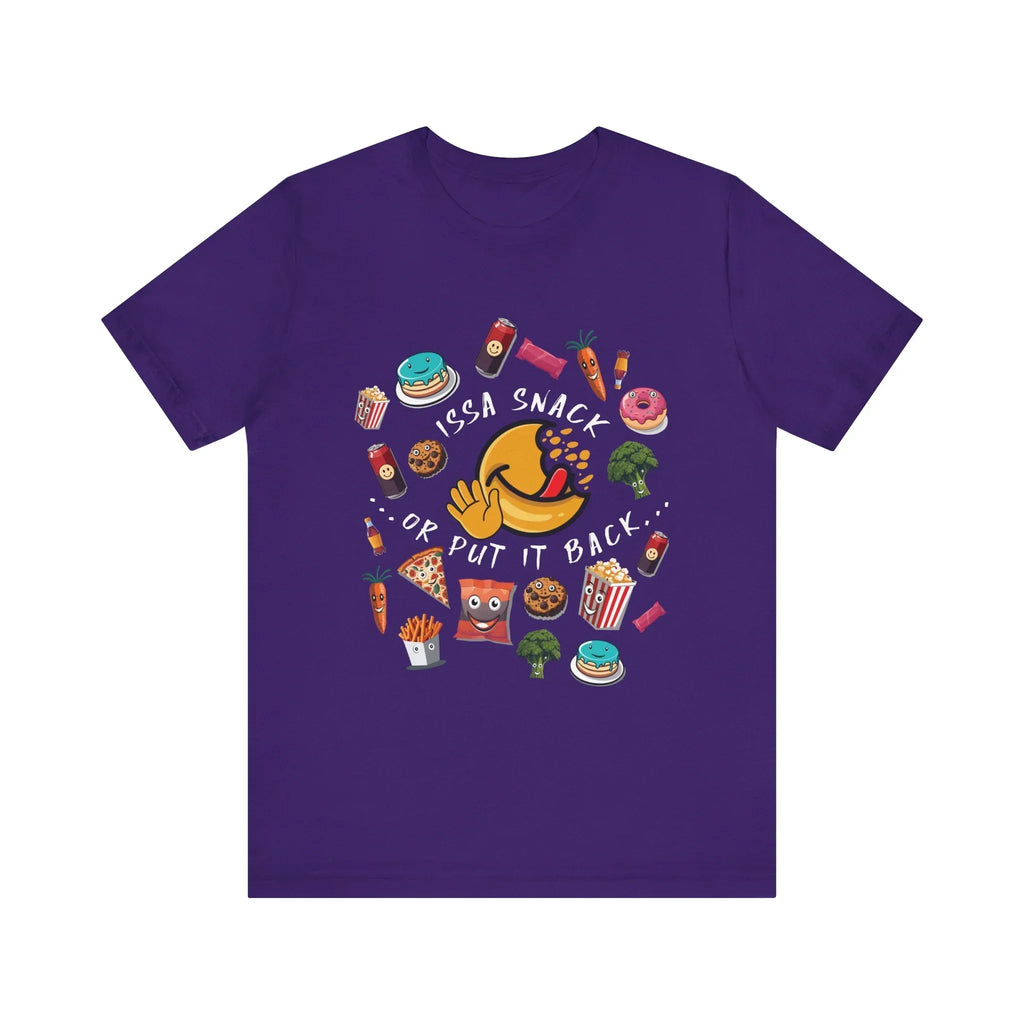 Purple t-shirt with cartoon snacks and text 'Issa Snack or Put It Back' design