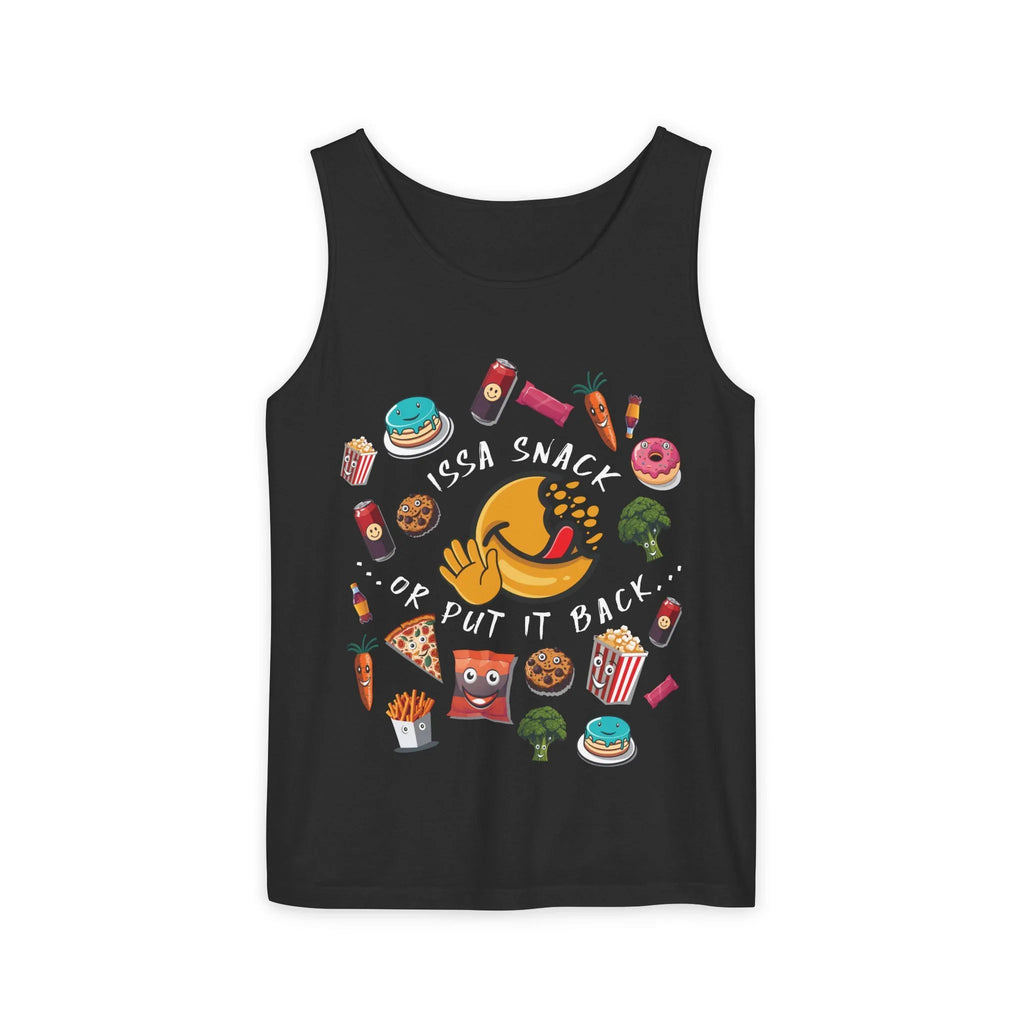 Black tank top with cartoon snacks, emoji, and 'Issa Snack or Put It Back' text design.