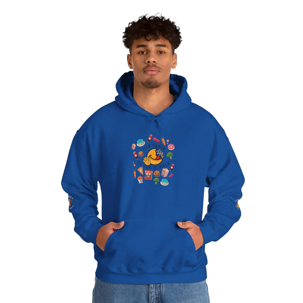 Man wearing blue hoodie with cartoon snack food design and playful text on front