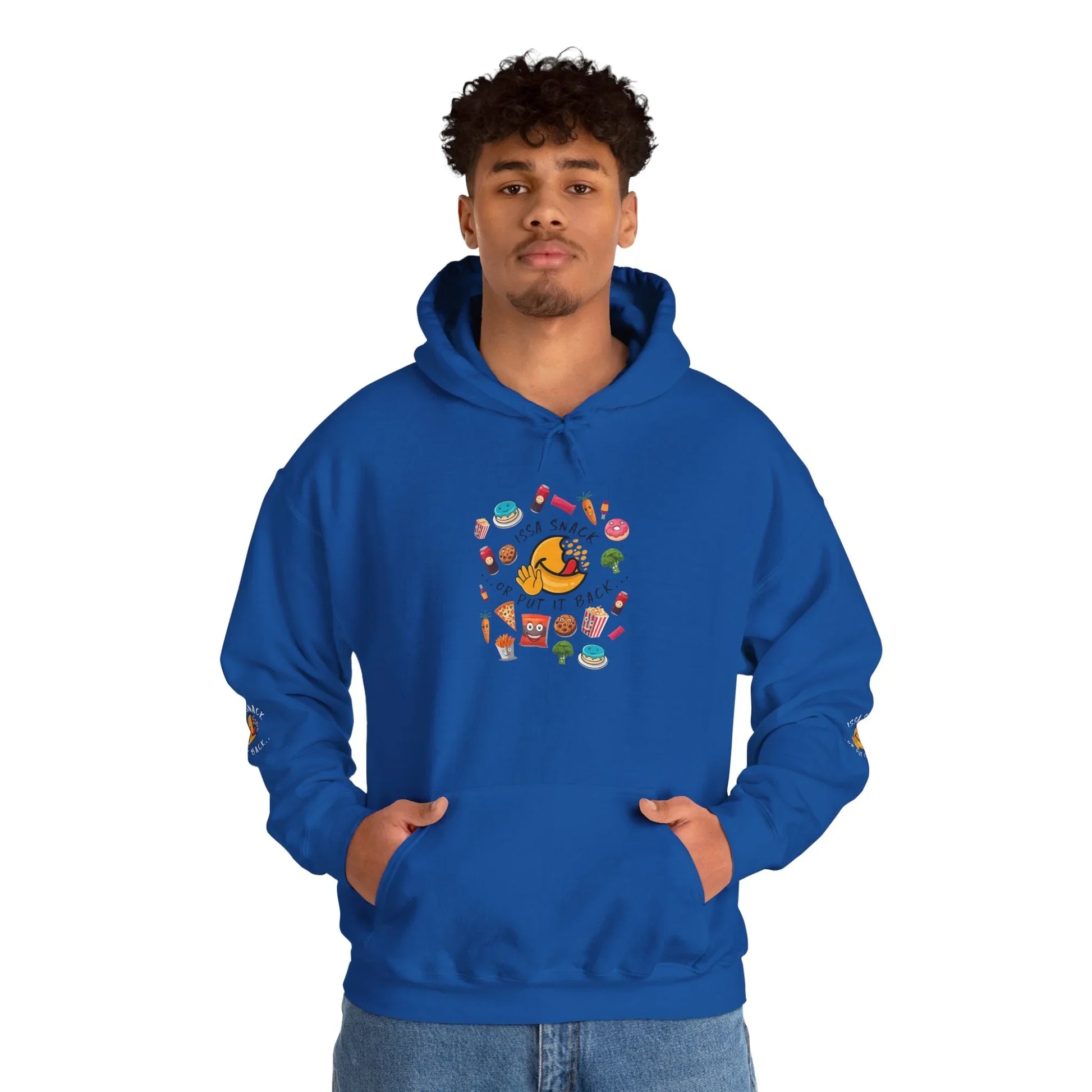 Man wearing blue hoodie with cartoon snack food design and playful text on front