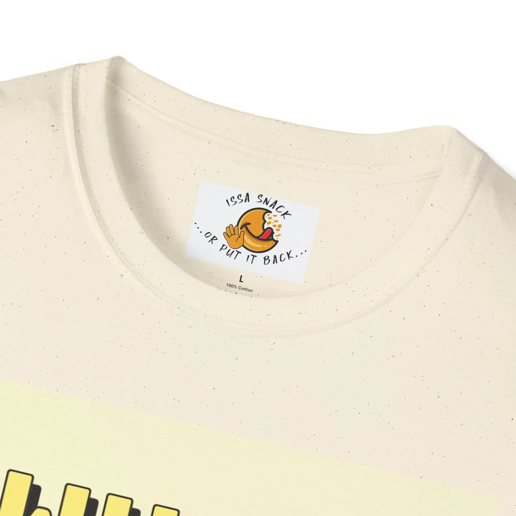 Speckled off-white t-shirt neck with tag reading 'Issa Snack or put it back' and a cartoon graphic.
