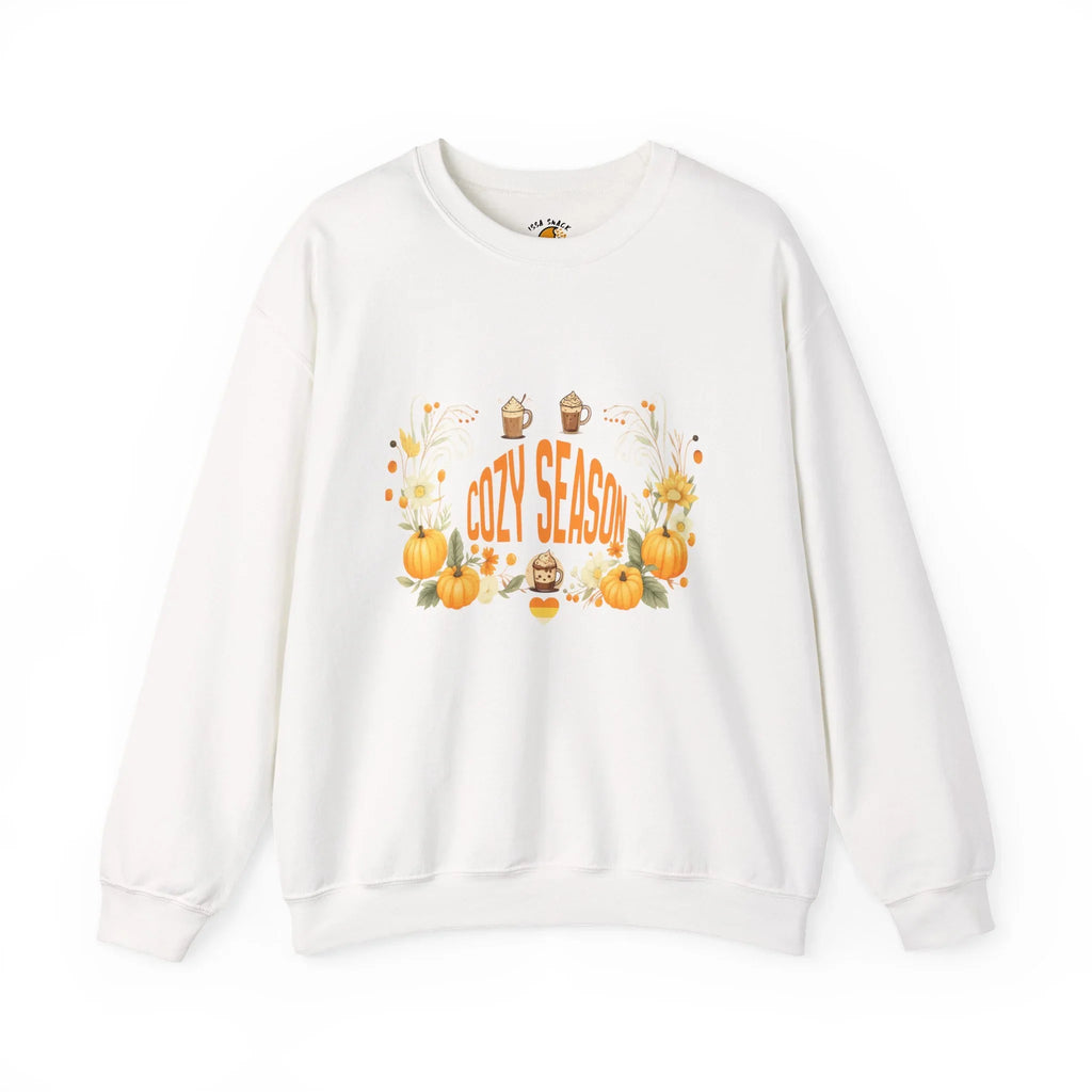 White sweatshirt with 'Cozy Season' text, pumpkins, sunflowers, and autumn drinks graphic