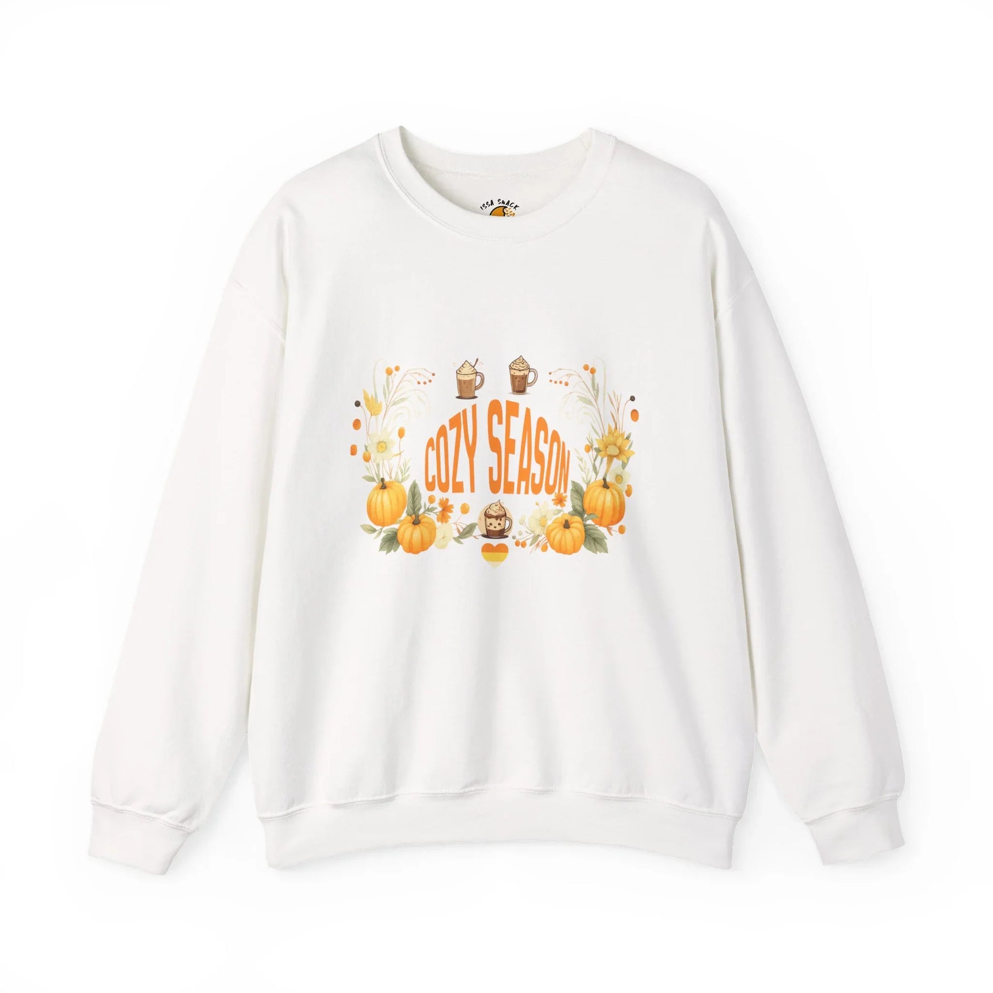 White sweatshirt with 'Cozy Season' text, pumpkins, sunflowers, and autumn drinks graphic