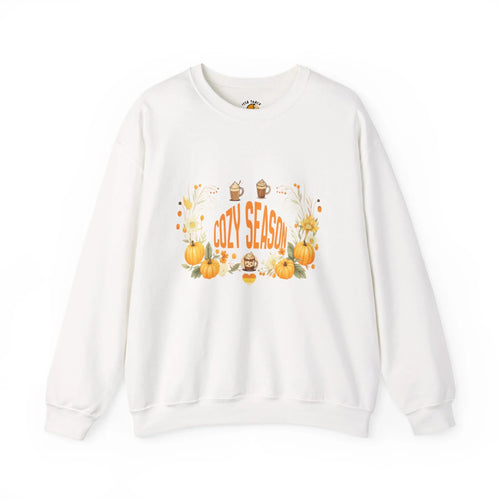 White sweatshirt with 'Cozy Season' text, pumpkins, sunflowers, and autumn drinks graphic