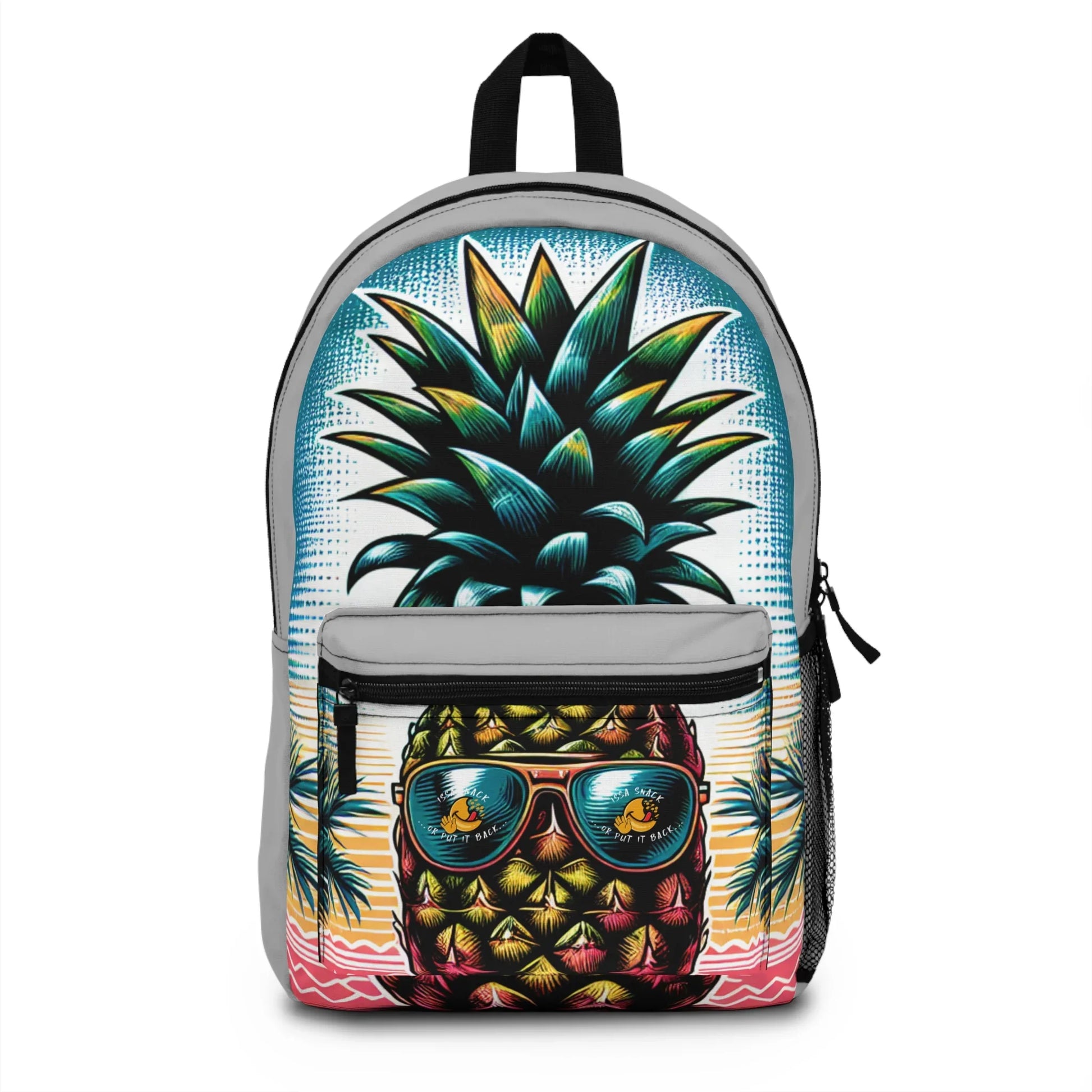Colorful backpack with a pineapple wearing sunglasses, beach and palm tree design