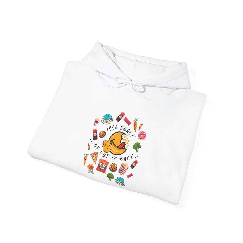 White hoodie with colorful snack food cartoon graphics and text 'Issa Snack or Put It Back'