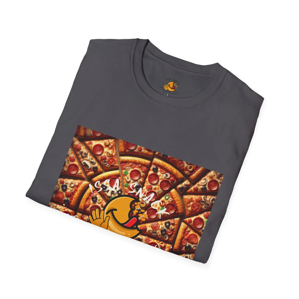 Folded dark gray t-shirt with pizza slice graphic and cartoon character, text 'ISSA SNACK'