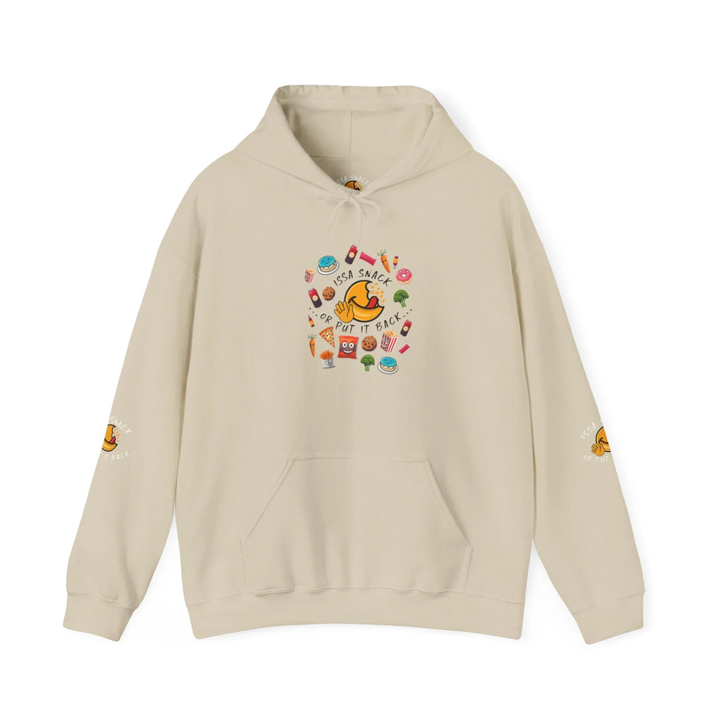 Beige hoodie with colorful cartoon snacks and 'Issa Snack Or Put It Back' text on the front.