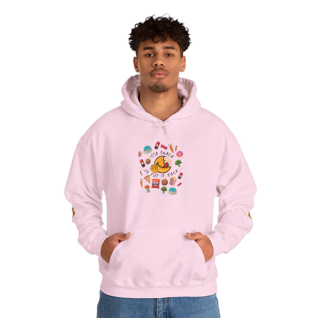 Man wearing light pink hoodie with colorful snack graphic and playful text design