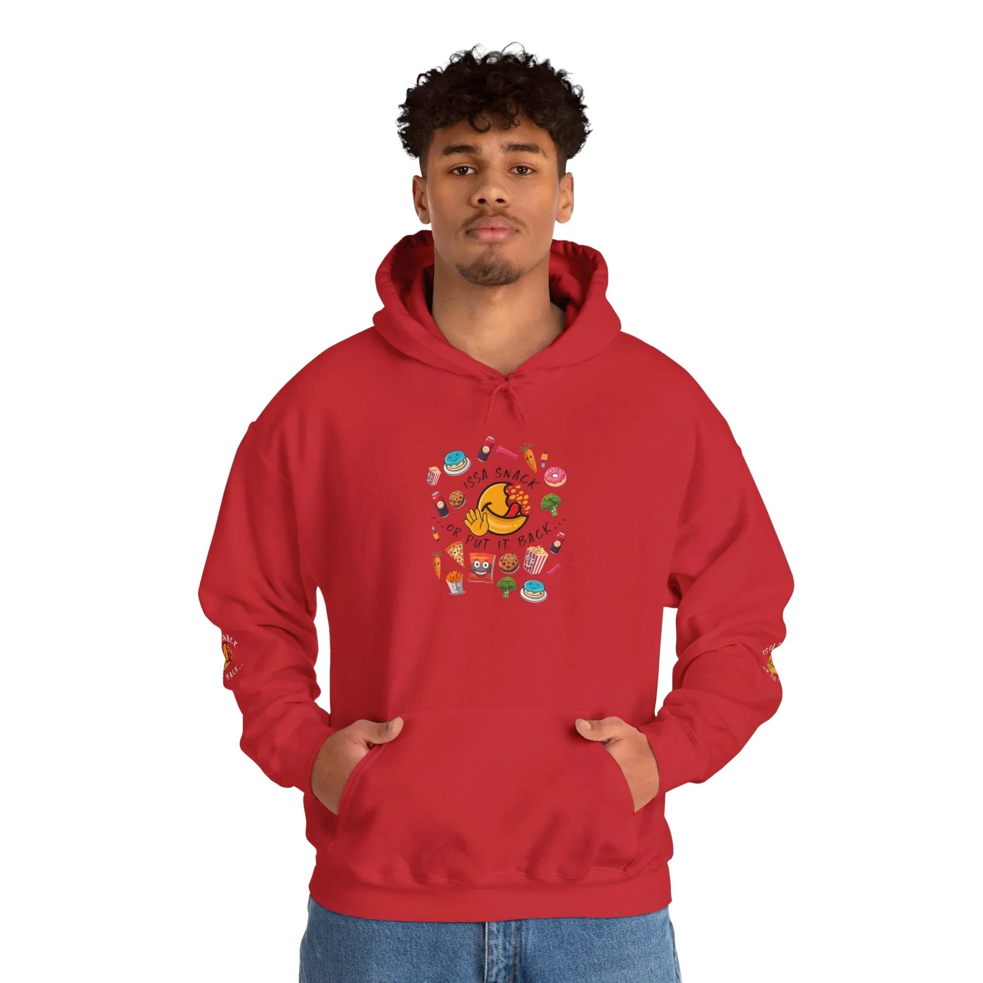 Man wearing red hoodie with colorful snack graphics and text, casual streetwear style