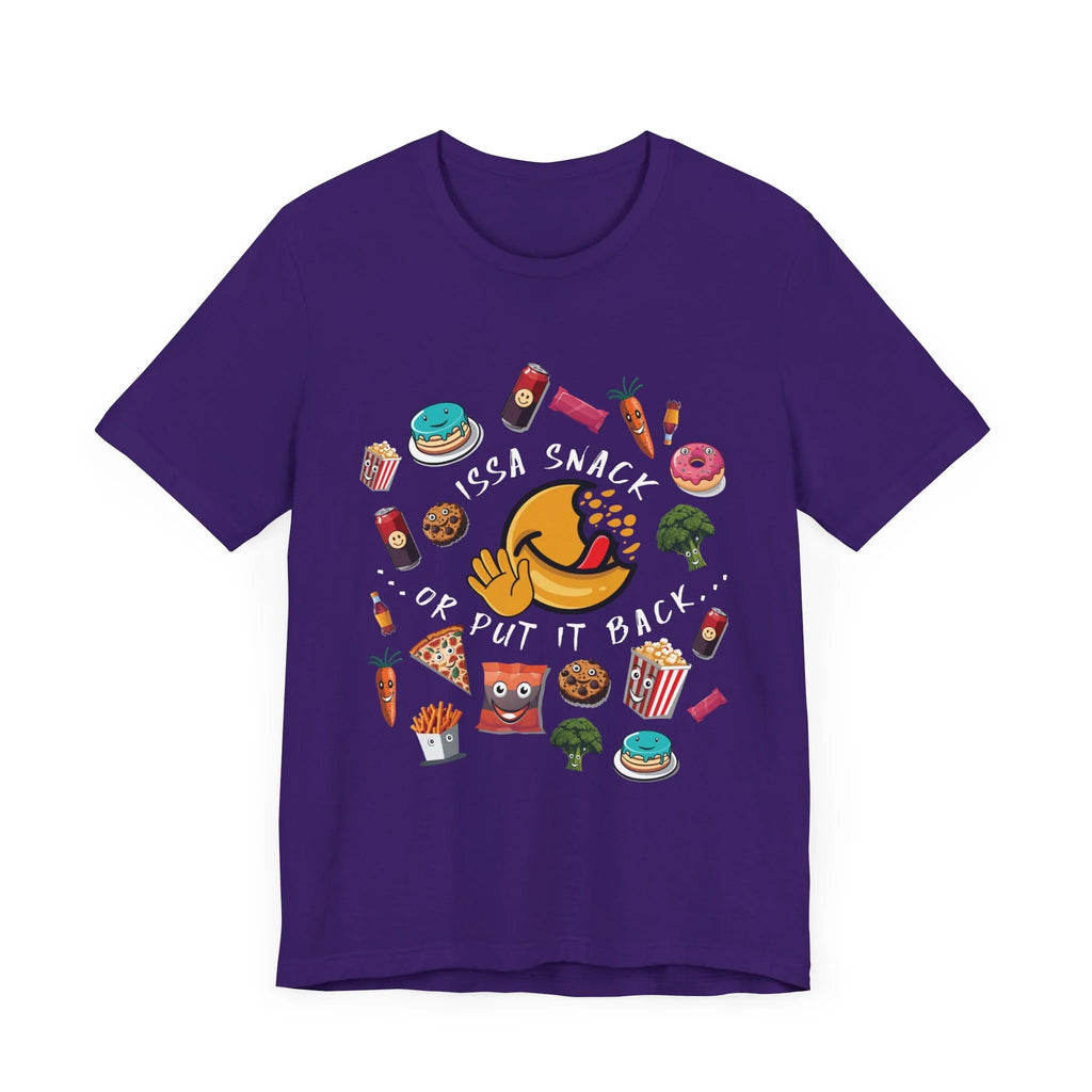Purple t-shirt with cartoon snacks, emoji face, and 'Issa Snack Or Put It Back' slogan