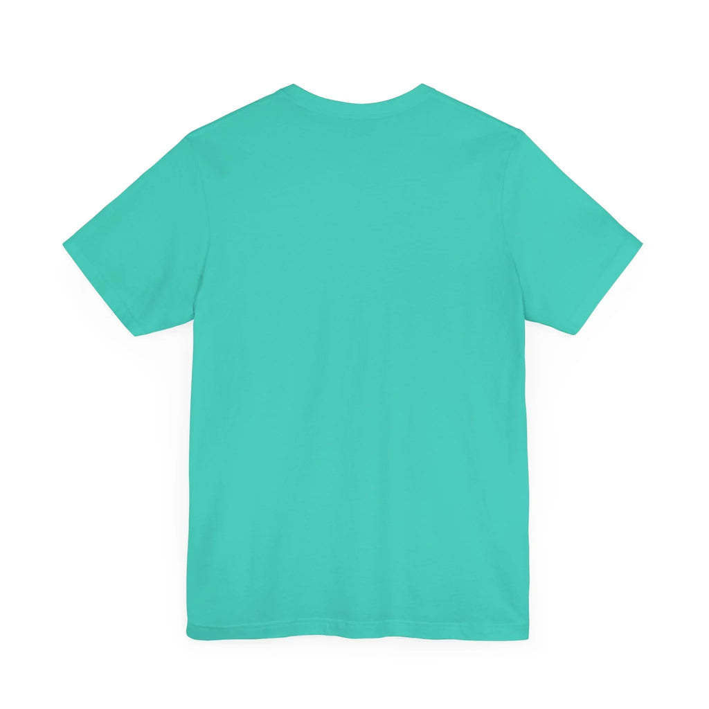 Back view of plain turquoise short sleeve t-shirt on white background