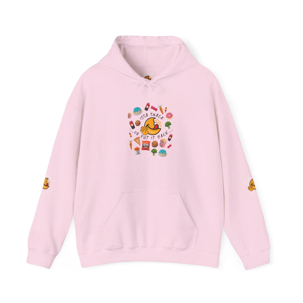 Light pink hoodie with playful snack illustrations and 'Issa Snack or Put It Back' text on front.
