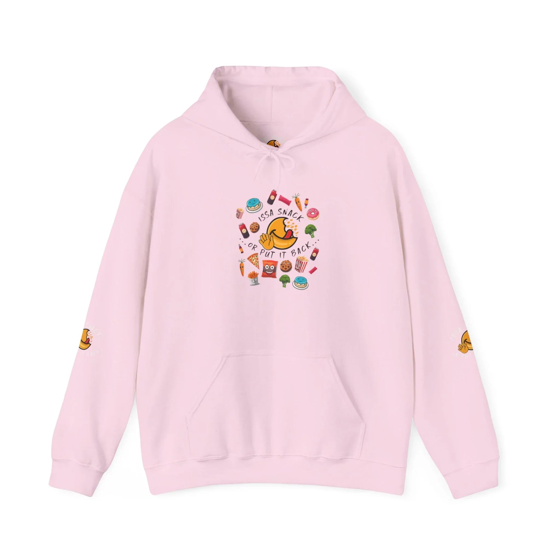 Light pink hoodie with playful snack illustrations and 'Issa Snack or Put It Back' text on front.
