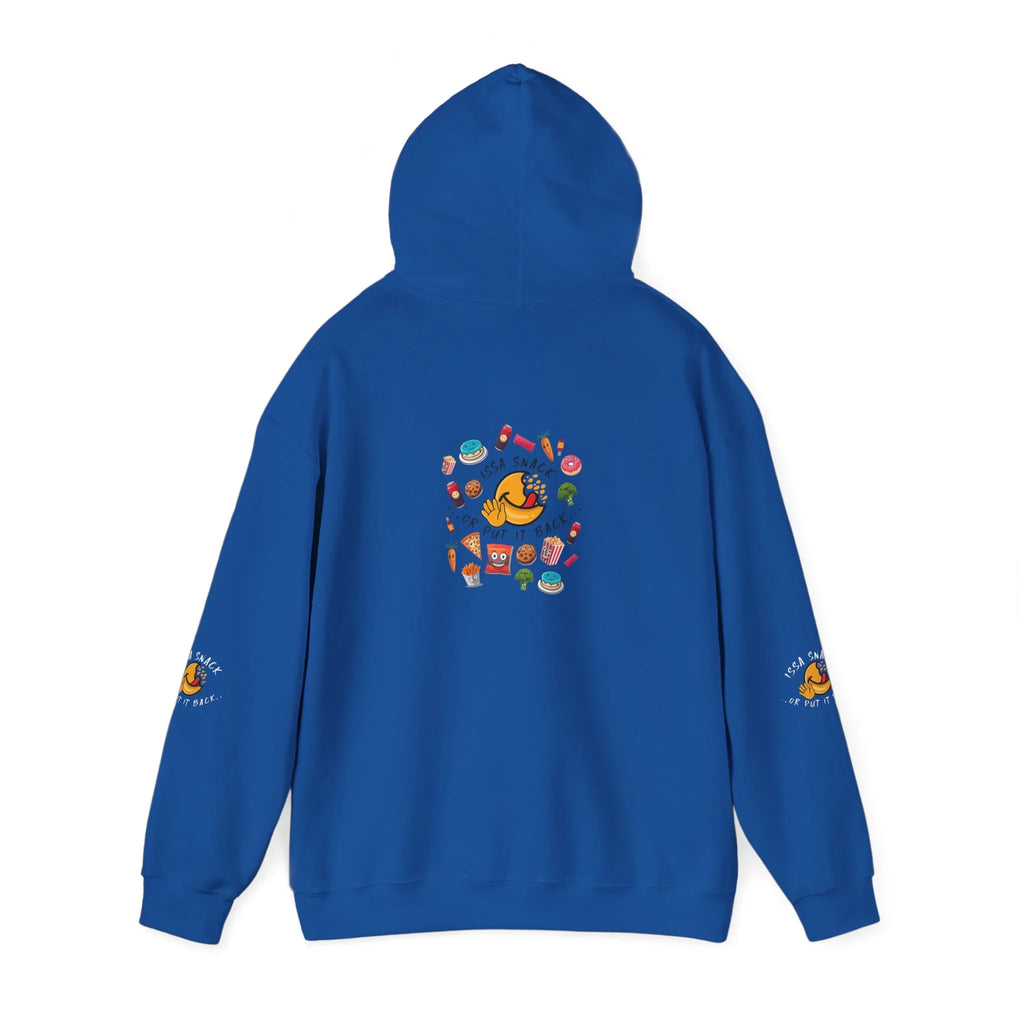 Blue hoodie with colorful snack food illustrations and playful text on back and sleeves