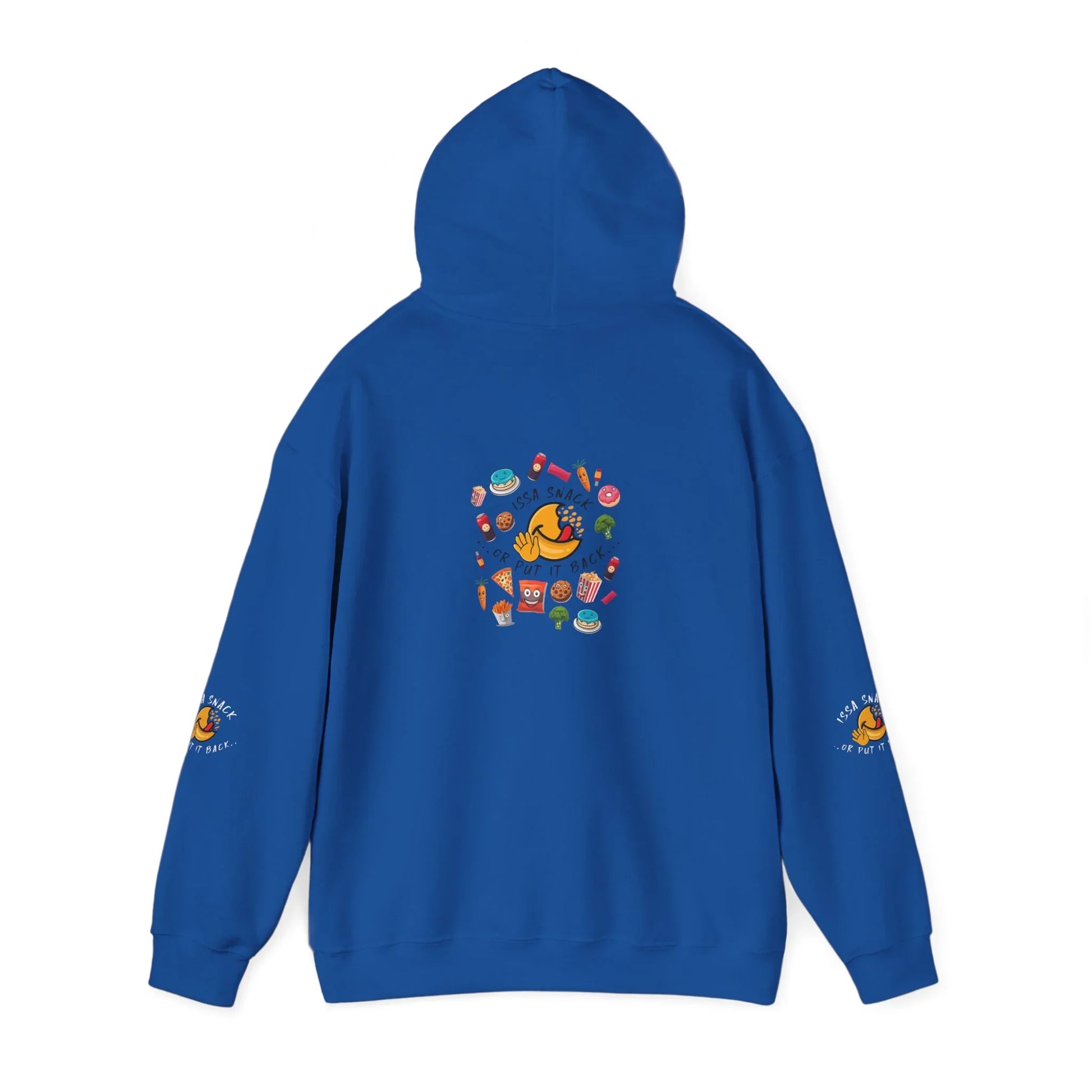 Blue hoodie with colorful snack food illustrations and playful text on back and sleeves