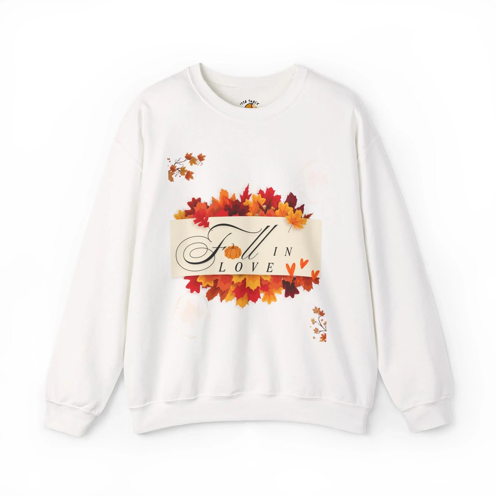 White sweatshirt with fall leaves and 'Fall in Love' autumn pumpkin graphic design