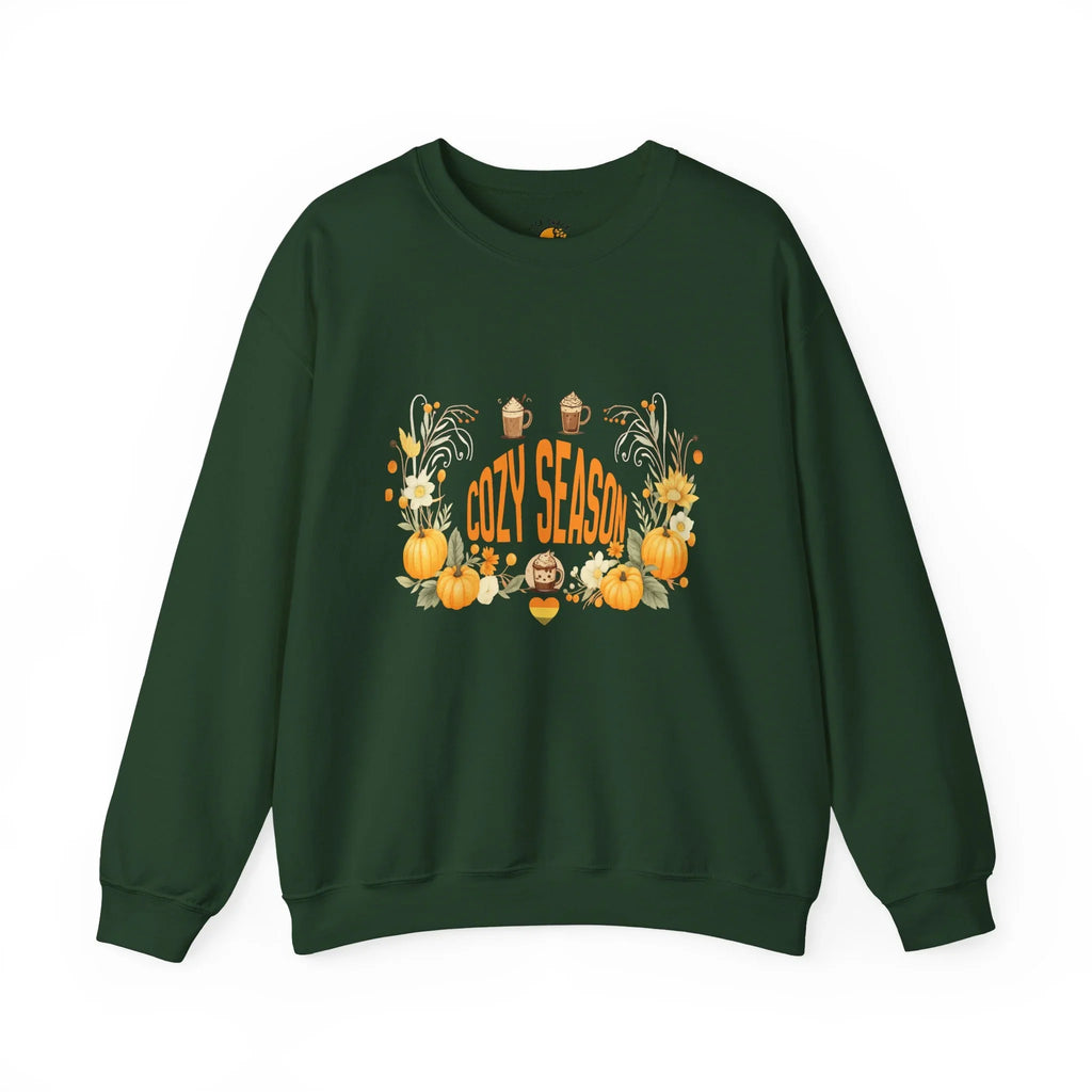 Dark green sweatshirt with 'Cozy Season' text, pumpkins, flowers, and autumn-themed graphics