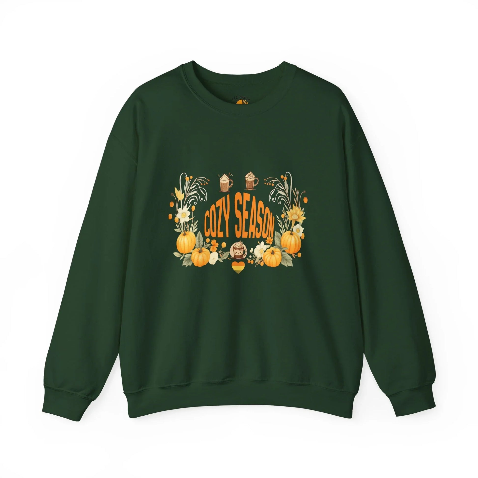 Dark green sweatshirt with 'Cozy Season' text, pumpkins, flowers, and autumn-themed graphics