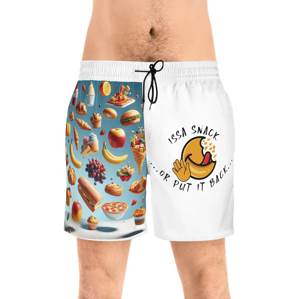Men's swim trunks with food pattern on left side, 'Issa Snack or Put It Back' emoji on right side