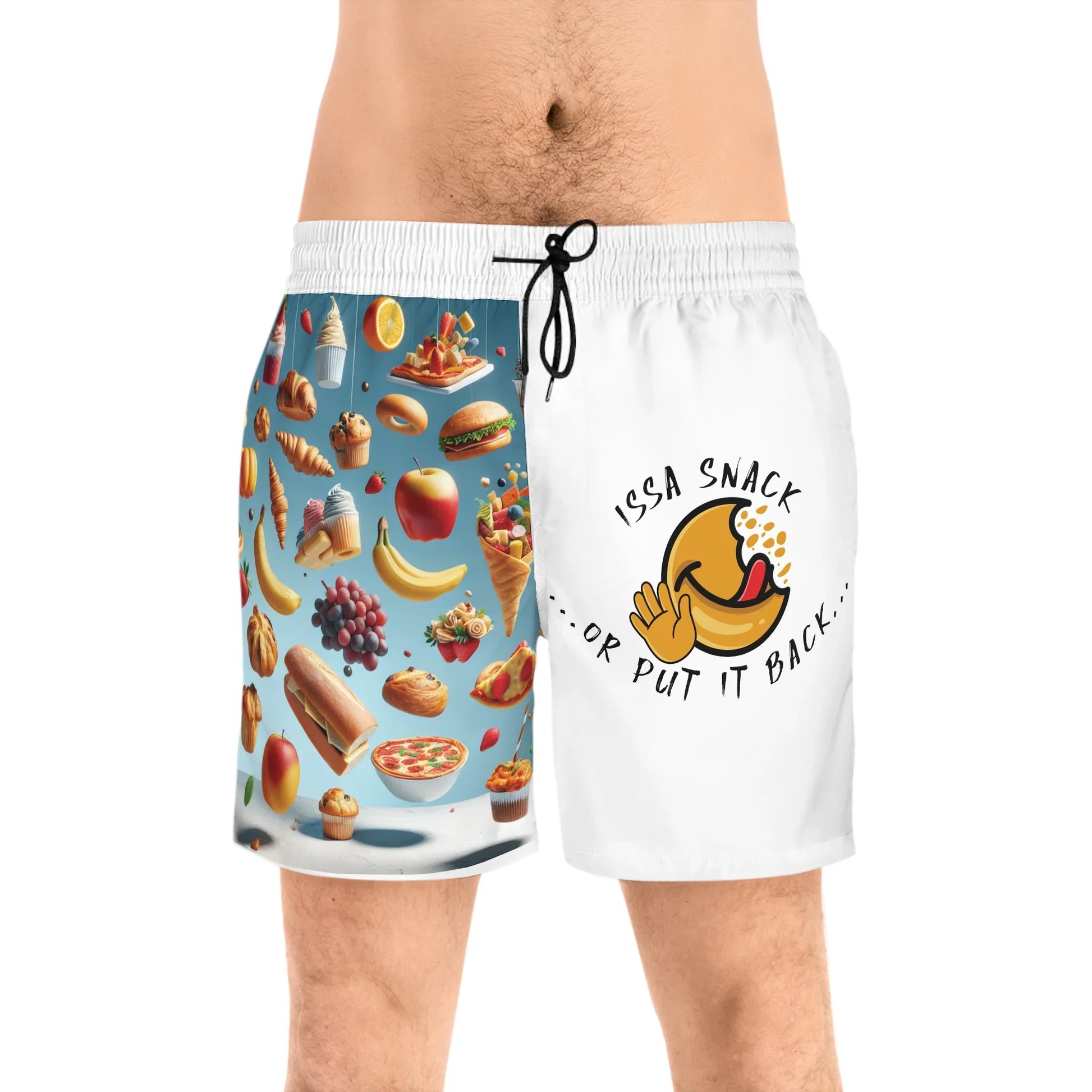 Men's swim trunks with food pattern on left side, 'Issa Snack or Put It Back' emoji on right side