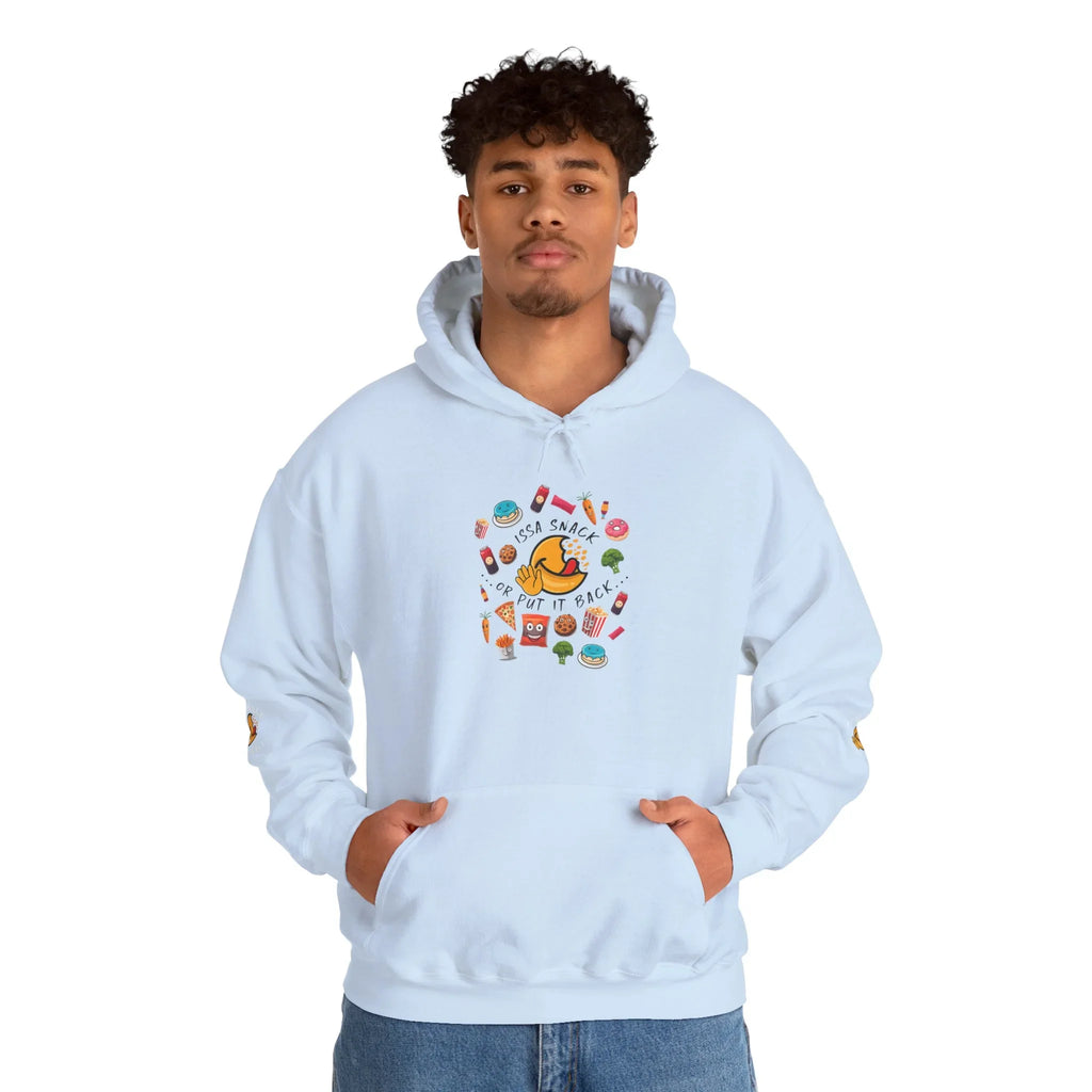 Man wearing light blue hoodie with colorful snack food graphics and 'Issa Snack or Put It Back' text
