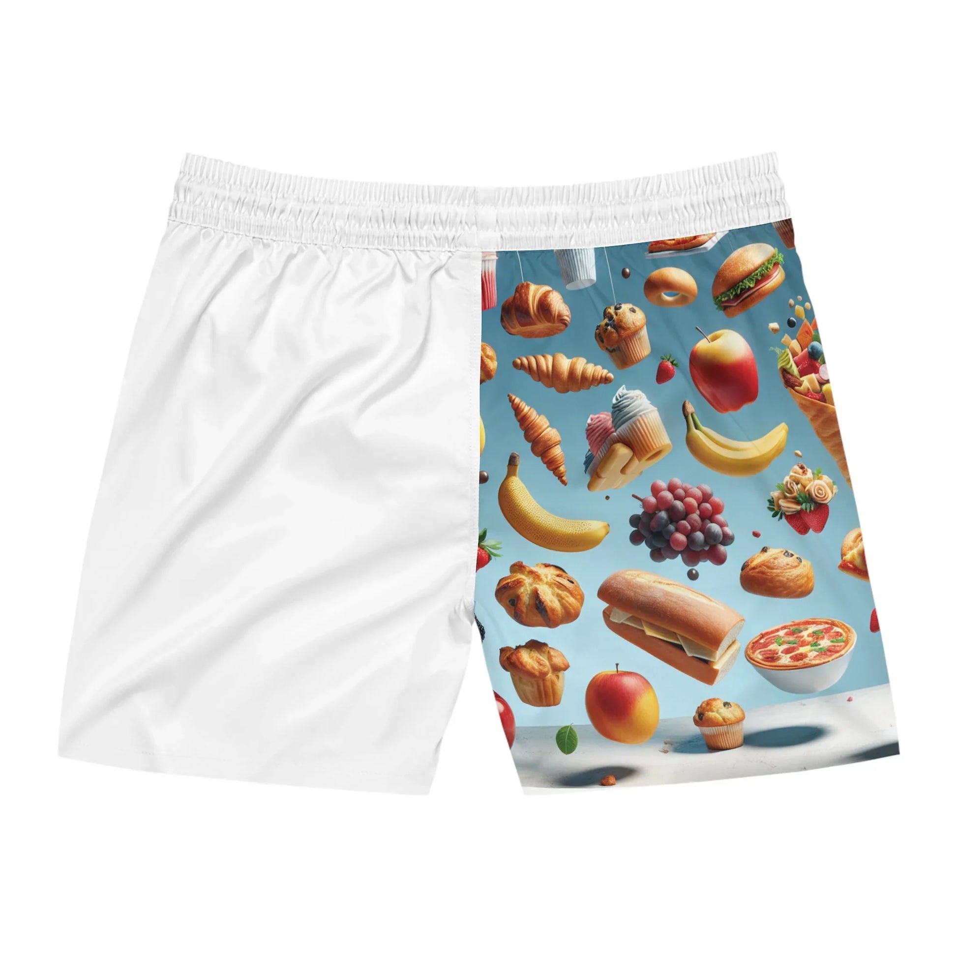 White shorts with one leg featuring a colorful food print of fruits, pastries, and fast food.